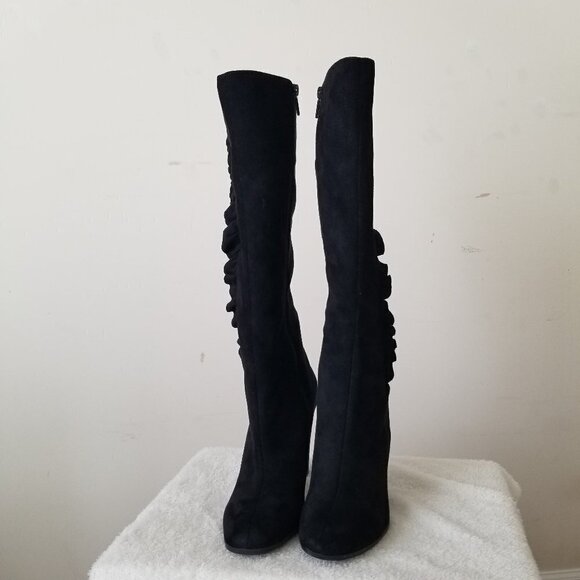 Below the Knee Black Suede Looking Ruffled Side Zippered Boots Size 10 4” Heel - Picture 1 of 16